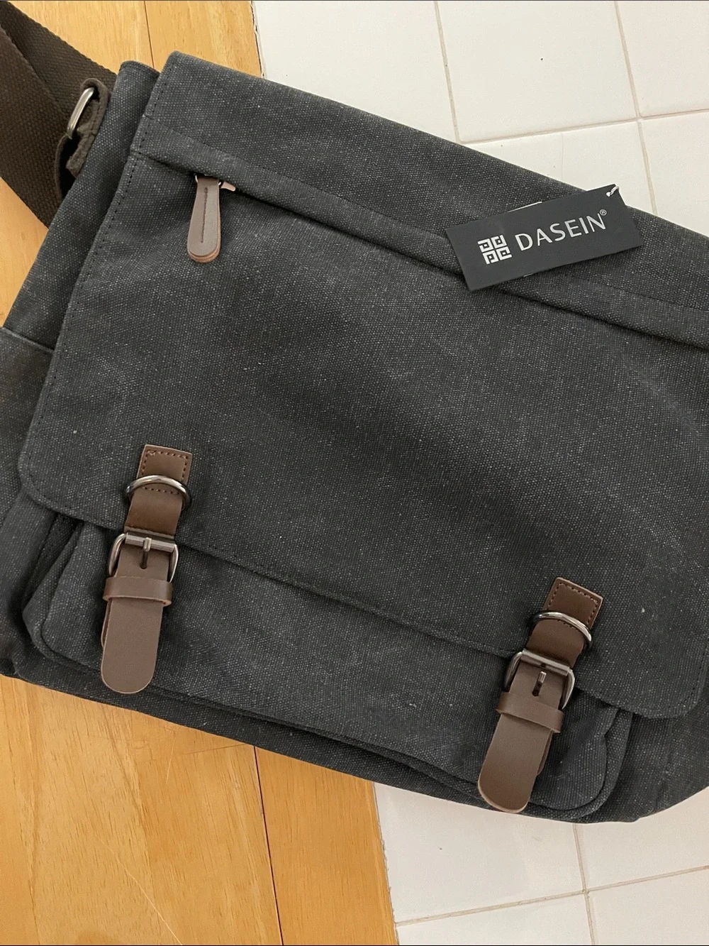 Dasein Men's Black Canvas Messenger Bag with Brown Accents